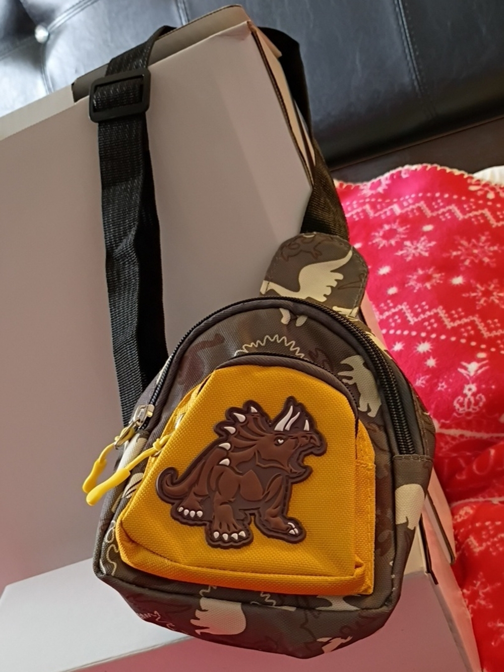 Camo Mini Sling Bag with Yellow Dinosaur Patch Preloved Great Shape